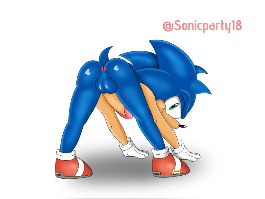 4:3 anthro ass balls blue_body blue_fur clothing eulipotyphlan footwear fur genitals gloves green_eyes handwear hedgehog hi_res looking_at_viewer male mammal nude nude_male penis presenting presenting_hindquarters red_clothing red_footwear red_shoes sega shoes simple_background solo sonic_(series) sonic_the_hedgehog sonic_the_hedgehog_(series) stretching tail white_background