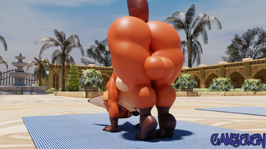 2024 3d_(artwork) anthro anthro_focus anus ass backsack balls barely_visible_anus beach_towel bent_over big_butt black_nose brown_markings camseven canid canine digital_media_(artwork) disney english_description fox fur genitals gloves_(marking) green_eyes half-closed_eyes hi_res leg_markings male mammal markings mouth_closed narrowed_eyes nick_wilde nude_anthro nude_male orange_body orange_fur rear_view sand socks_(marking) solo standing stretching tail thick_thighs towel zootopia