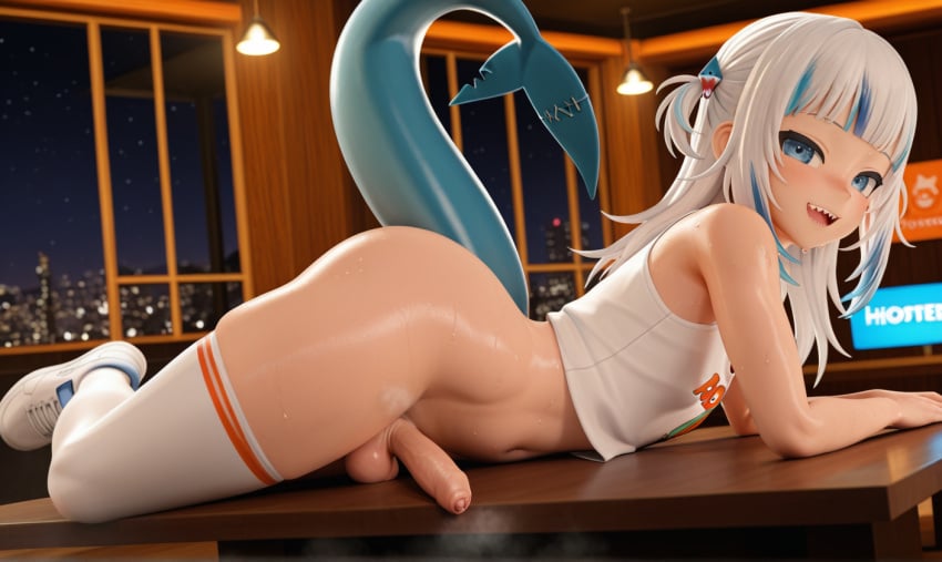 1futa 3d ai_generated anus black_shoes bottomless close-up foreskin gawr_gura hololive hololive_english hololive_myth hooters hooters_uniform large_ass leg_up looking_at_viewer lying lying_on_stomach lying_on_table penis penis_focus phimosis shark_girl small_penis sweat sweatdrop tennis_shoes thick_thighs thighhighs urethra virtual_youtuber vtuber white_socks