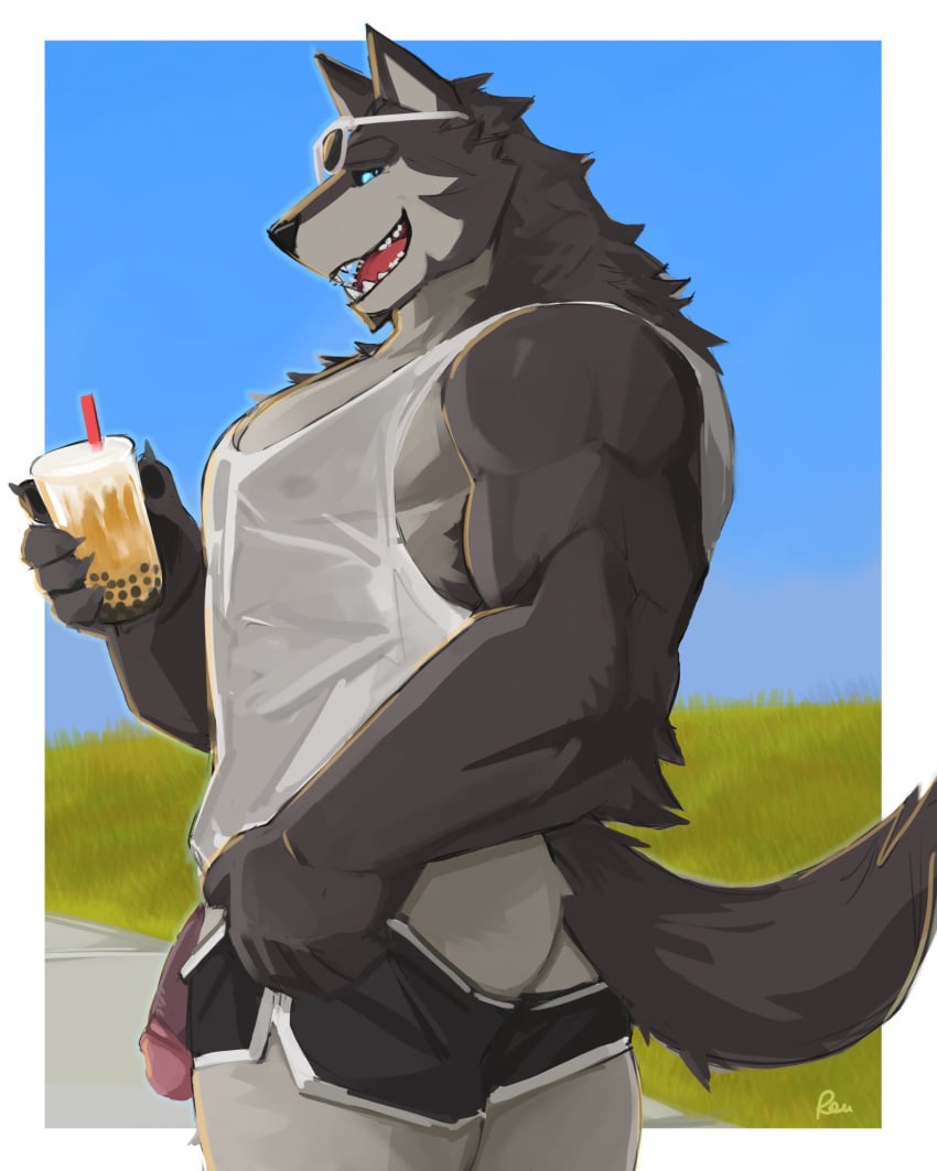 4:5 anthro beverage bottomwear bubble_tea canid canine canis clothing digital_drawing_(artwork) digital_media_(artwork) eyewear flaccid fur genitals glans hi_res looking_at_viewer male mammal muscular muscular_anthro muscular_male nipples outside pecs penis pose radcanine shirt shorts side_view solo standing sunglasses tail tank_top teeth topwear wolf