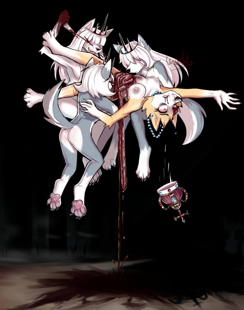absurd_res angel asinus ass blindfold blood blood_from_mouth blood_in_mouth blood_on_face bloodshot_eyes bodily_fluids canid canine canis cannibalism ccruelangel crown domestic_dog donkey equid equine female female/female floating fur gore gore_focus grey_body grey_fur group guts hair headgear hi_res husky hybrid intestines jewelry knife mammal nordic_sled_dog ominous organs paws scared spitz torture white_body white_fur white_hair wolf