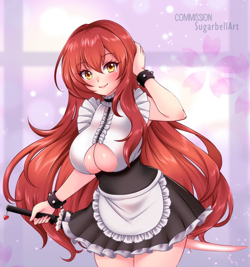 big_breasts blush breasts character_request cleavage female long_hair maid_uniform orange_eyes red_hair smile sugarbell sword underboob wristband