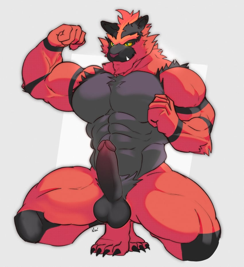 abs absurd_res anthro anthro_focus balls bedroom_eyes big_pecs big_penis black_body black_fur chest_tuft crouching digital_drawing_(artwork) digital_media_(artwork) erection flexing flexing_bicep fur generation_7_pokemon genitals green_eyes grey_body grey_fur hi_res incineroar male multicolored_body muscular muscular_anthro muscular_male naistop narrowed_eyes nintendo pecs penis pokemon pokemon_(species) pose presenting pubes red_body red_fur seductive signature simple_background solo tuft yellow_sclera