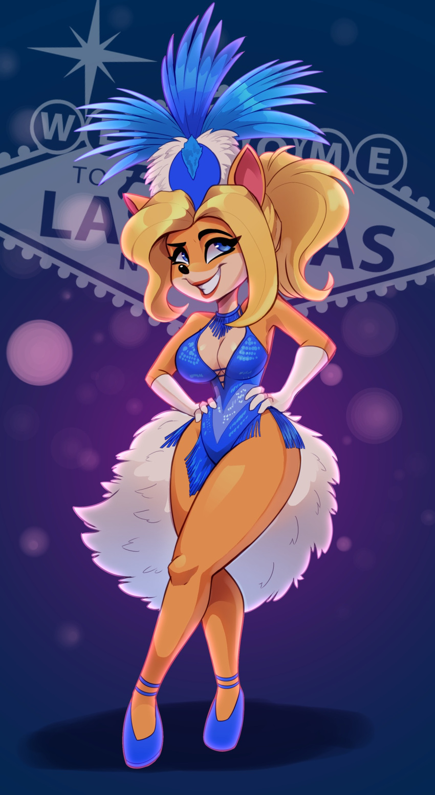 1girls anthro anthro_female anthro_only big_breasts blonde_hair blue_eyes breasts cleavage crash_(series) crash_bandicoot_(series) crash_team_racing_nitro-fueled curvaceous curvy feathers female female_only furry furry_female gloves hands_on_hips headdress high_heels isabella_bandicoot long_hair looking_up magaska19 mammal marsupial orange_body short_dress showgirl showgirl_skirt skimpy skimpy_clothes smile smiling solo solo_female solo_focus thick_thighs tied_hair voluptuous wide_hips