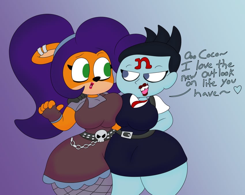 2019 2girls 3barts activision aged_up anthro bandicoot big_breasts black_hair blue_eyes blue_skin buckteeth coco_bandicoot crash_(series) crash_team_racing_nitro-fueled dark_coco dialogue female female_only goth goth_girl green_eyes hand_on_shoulder human lipstick looking_at_another nina_cortex purple_hair talking_to_another text thick_thighs wide_hips