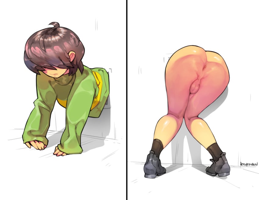 1boy 1male anus ass asshole deltarune femboy feminine_male functionally_nude kokman kris_(deltarune) presenting presenting_hindquarters shoes small_penis solo solo_male stuck_in_wall trap wall young