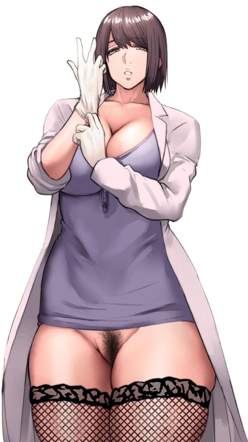 1girls 2019 absurd_res breasts brown_hair censored cleavage clothing coat doctor female female_only fishnet_stockings fishnet_thighhighs fishnets gloves grey_eyes highres large_breasts looking_at_viewer mature_female no_panties open_clothes open_coat original pepe_(jonasan) pubic_hair purple_shirt pussy putting_on_gloves shirt simple_background solo standing teeth thick_thighs thighhighs thighs tight_clothing white_background white_coat white_gloves