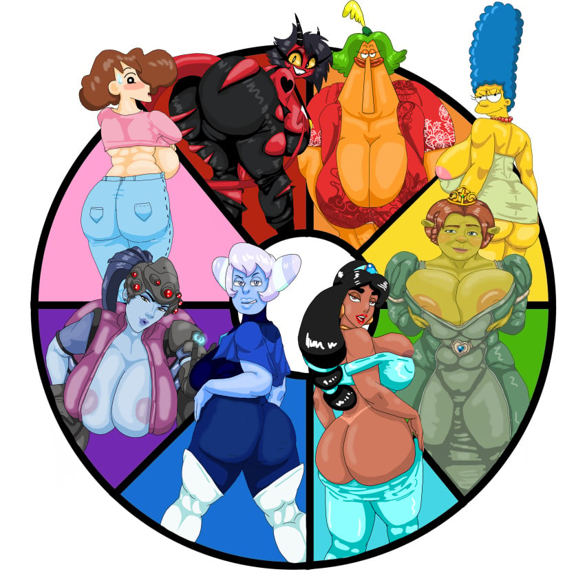 20th_century_fox aladdin big_ass big_breasts blue_background color_wheel_challenge crayon_shin-chan crossover curvy disney disney_princess dreamworks endive green_background helluva_boss holly_blue_agate marge_simpson meme milf millie_(helluva_boss) misae_nohara ogress_fiona orange_background overwatch pink_background princess_fiona princess_fiona_(ogre) princess_jasmine purple_background red_background shrek_(series) steven_universe the_simpsons tutacamon27 white_background widowmaker yellow_background yellow_body