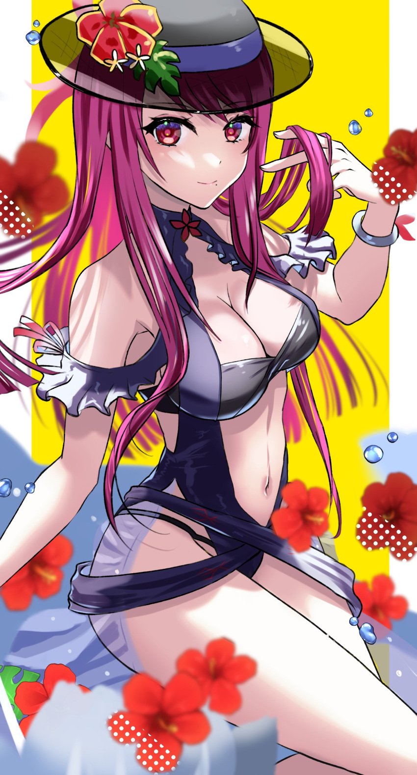 1girls absurdres alternate_costume bare_shoulders black_headwear black_one-piece_swimsuit black_swimsuit breasts cleavage clothing_cutout dress dress_swimsuit female female female_only fire_emblem fire_emblem_engage fire_emblem_heroes flower frills hat highres ivy_(fire_emblem) ivy_(summer)_(fire_emblem) large_breasts long_hair looking_at_viewer mole mole_under_mouth mu_tu_bu navel nintendo official_alternate_costume one-piece_swimsuit purple_eyes purple_hair see-through_headwear solo stomach stomach_cutout swimsuit