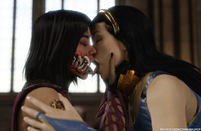 2girls 3d armor black_hair clone clonecest closed_eyes dress drooling edenian female female_only formal_wear french_kiss fully_clothed hybrid imminent_kiss imminent_sex intimate kiss_on_lips kitana kiteena leaning_forward mileena monster_girl mortal_kombat mortal_kombat_11 neck_grab royalty saliva saliva_trail selfcest sisters smokescreen117 suggestive_look surprised tarkatan tongue tongue_kiss tongue_out yuri yuri