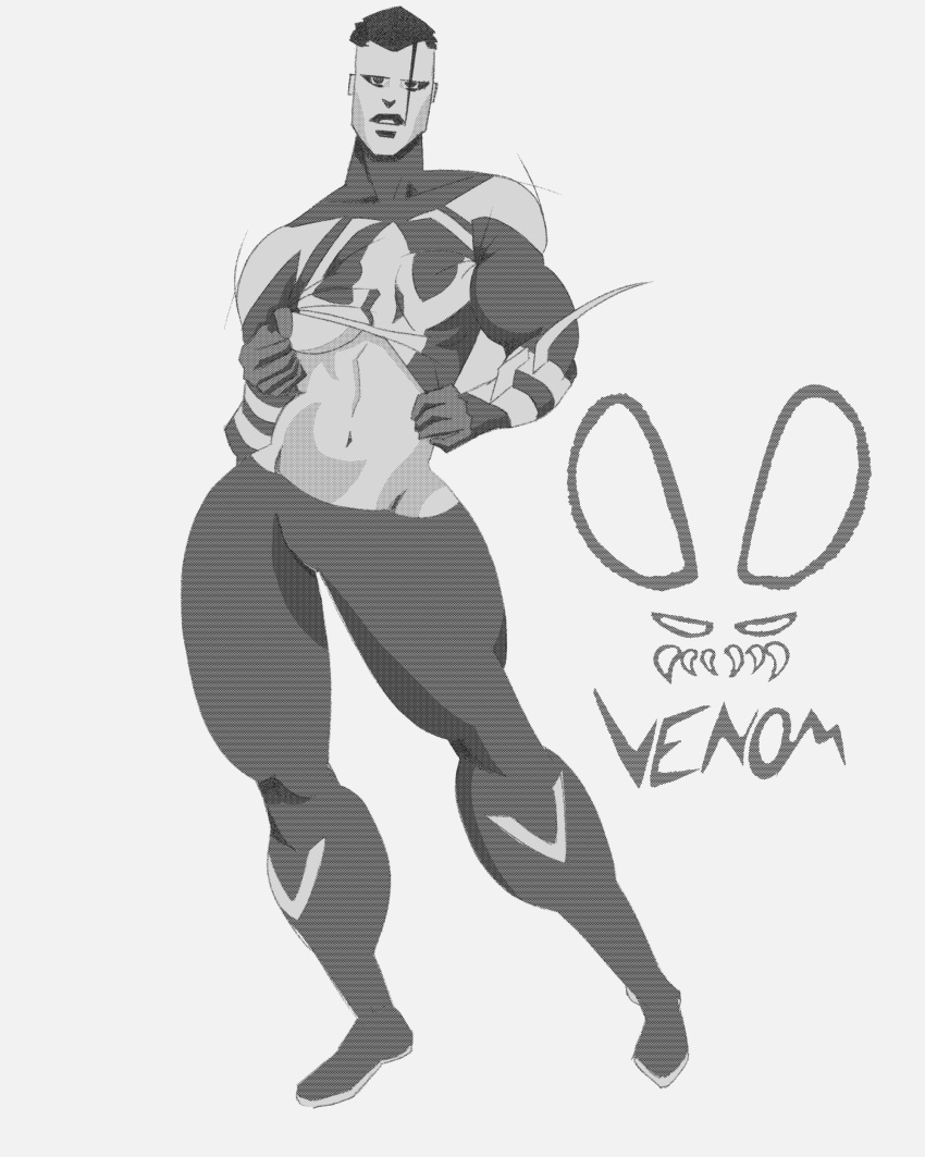 big_thighs black_and_white bunnyvenom female genderswap_(mtf) halftone lifting_shirt m04n marvel monochrome muscular muscular_female rule_63 short_hair spider-man_(series) spider-man_2099