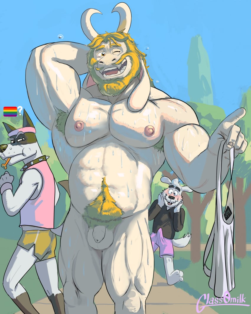 2_horns 3boys ? anthro asgore_dreemurr bodily_fluids bovid canid canine canis caprine clothed clothing dogamy doggo_(undertale) domestic_dog erection erection_under_clothing gay glass0milk goat group hi_res horn male male/male male_only mammal muscular muscular_anthro muscular_male nipples outdoors pecs public royal_guard_(undertale) sweat trio undertale undertale_(series)