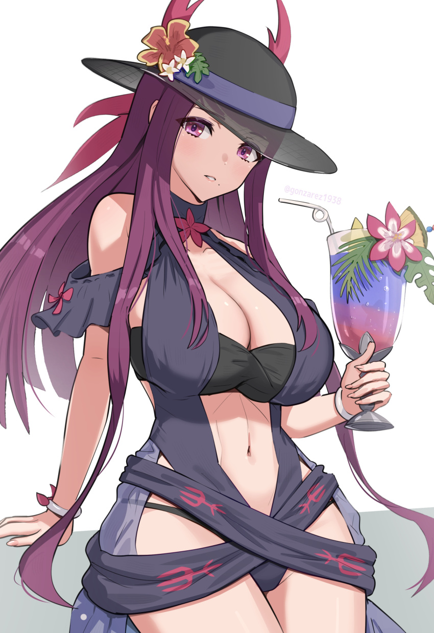 1girls alternate_costume bare_shoulders black_headwear black_one-piece_swimsuit black_swimsuit breasts cleavage clothing_cutout cup dress drink female female_only fire_emblem fire_emblem_engage fire_emblem_heroes gonzarez hat highres ivy_(fire_emblem) ivy_(summer)_(fire_emblem) large_breasts long_hair looking_at_viewer mole mole_under_mouth nintendo official_alternate_costume one-piece_swimsuit purple_eyes purple_hair sitting solo stomach_cutout swimsuit white_background