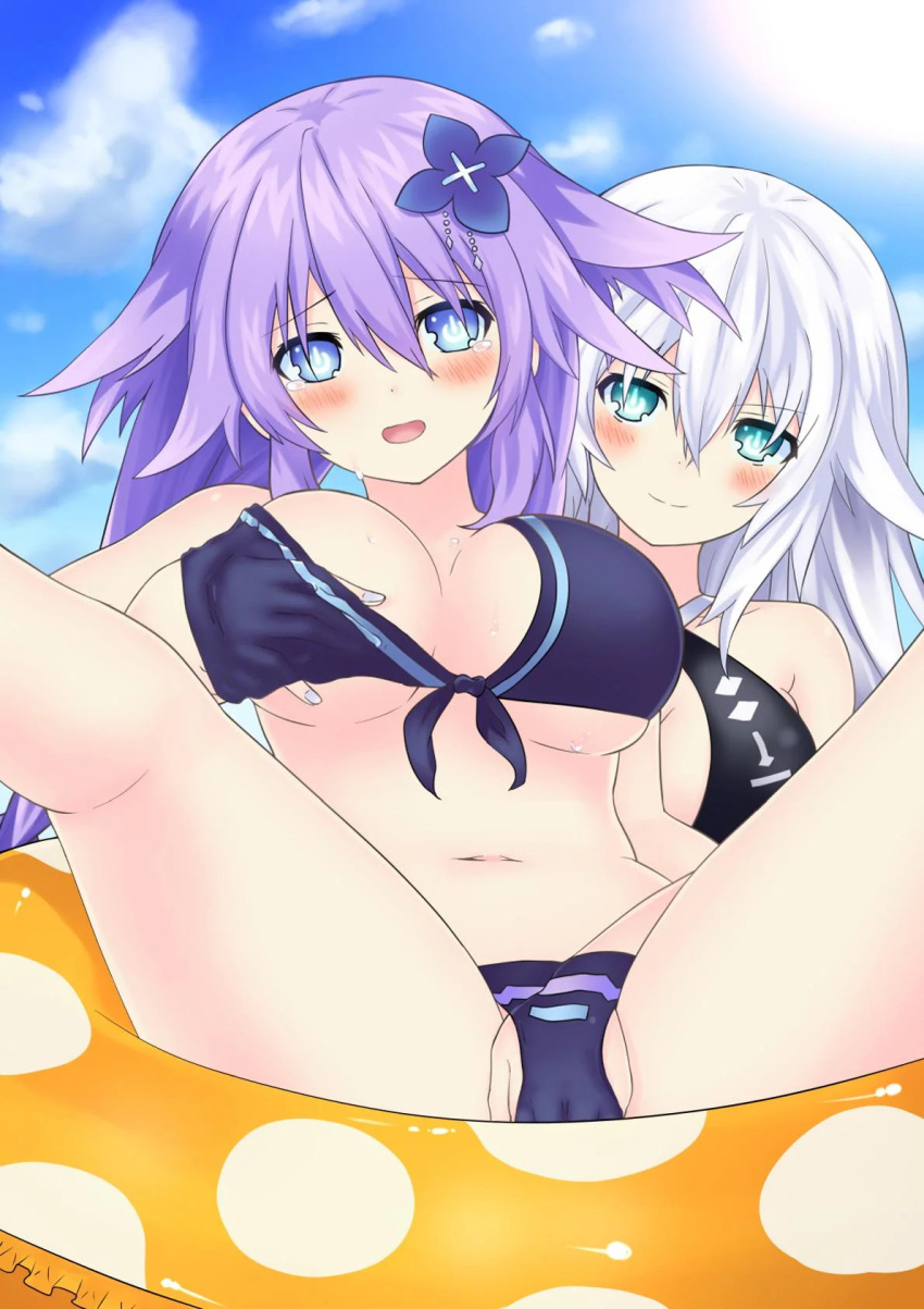 2girls aqua_eyes beach big_breasts bikini black_heart blue_eyes blush breast_grab cleavage compile_heart embarrassed female_only fingering from_behind hair_ornament idea_factory innertube katade long_hair multiple_girls neptune_(neptunia) neptunia_(series) noire outdoors power_symbol purple_hair purple_heart_(neptunia) short_hair spread_legs swimsuit symbol-shaped_pupils white_hair yuri