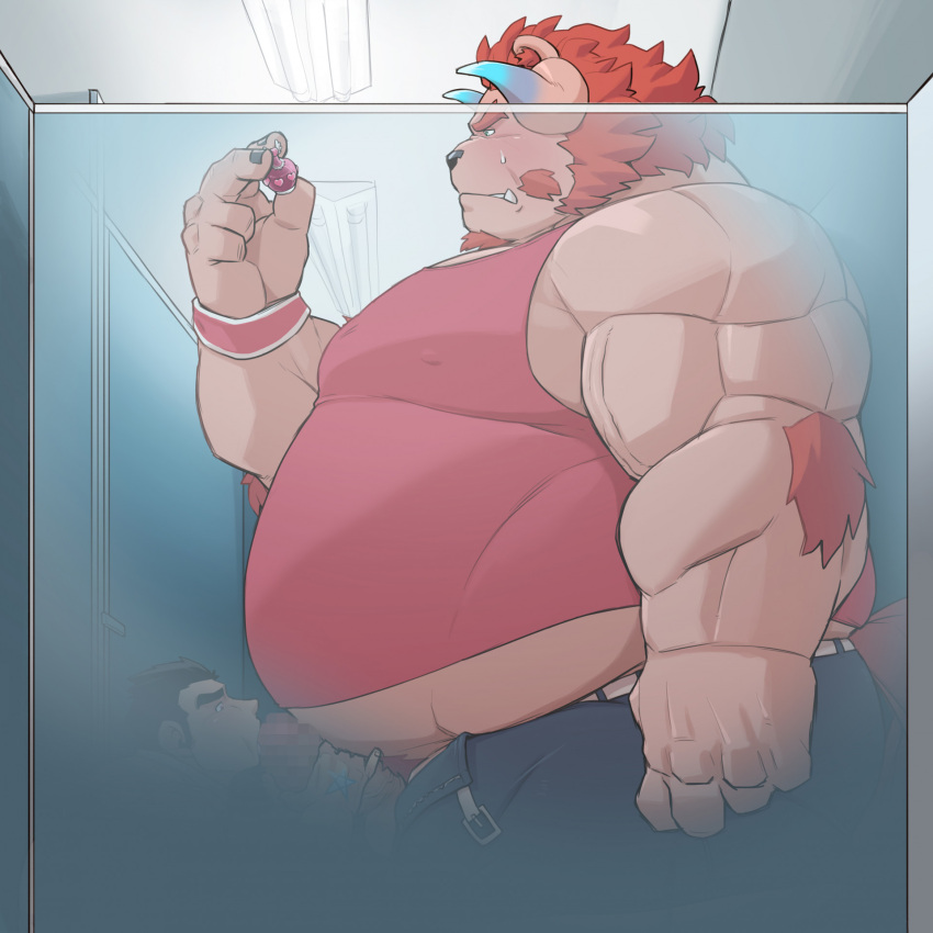 anthro belly_overhang blush chernobog clothing demon duo erect_nipples_under_clothes fur hi_res horn human jock_protagonist_(tokyo_afterschool_summoners) lifewonders male male/male mammal musclegut muscular_arms othukimi pecs pink_body pink_fur protagonist_(tokyo_afterschool_summoners) protagonist_3_(tokyo_afterschool_summoners) shirt size_difference tank_top tokyo_afterschool_summoners topwear