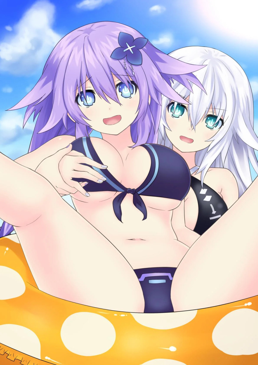 2girls aqua_eyes beach big_breasts bikini black_heart blue_eyes breast_grab cleavage embarrassed female_only hair_ornament innertube katade neptune_(neptunia) neptunia_(series) noire outdoors power_symbol purple_hair purple_heart_(neptunia) spread_legs swimsuit symbol-shaped_pupils white_hair yuri