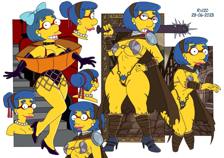 1girls big_breasts bikini_armor blue_hair female female_focus female_only glasses hand_on_hip looking_at_viewer luann_van_houten mascot_costume mature_female milf mother multiple_views pubic_hair rx120 the_simpsons thick_thighs wide_hips yellow_skin