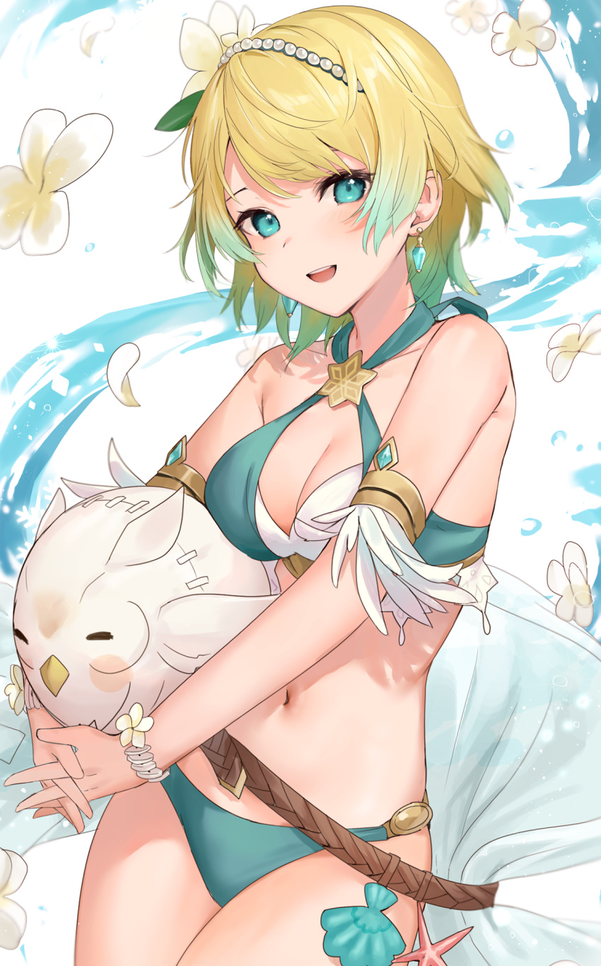 1girls alternate_costume aqua_bikini bikini blonde_hair blue_bikini blue_eyes blue_swimsuit breasts character_doll criss-cross_halter earrings feh_(fire_emblem_heroes) female female_only fire_emblem fire_emblem_heroes fjorm_(fire_emblem) fjorm_(summer)_(fire_emblem) flower halterneck haru_(nakajou-28) highres jewelry looking_at_viewer medium_breasts navel nintendo official_alternate_costume petals short_hair smile solo swimsuit teeth upper_teeth_only