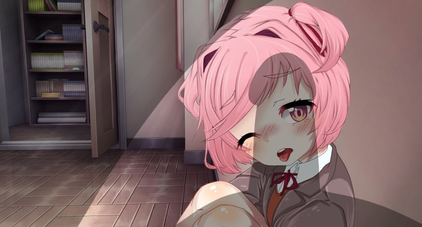 1female 1girls bare_knees blush blush_lines blushing clothed clothes clothing cock ddlc_background dick doki_doki_literature_club female gas.蓝気 hair_intakes human human_focus human_only implied mouth_open natsuki_(doki_doki_literature_club) offscreen offscreen_male one_eye_closed open_mouth out_of_frame out_of_frame_male penis pink_eyes pink_hair shadow tongue tongue_out uniform wink winking winking_at_viewer