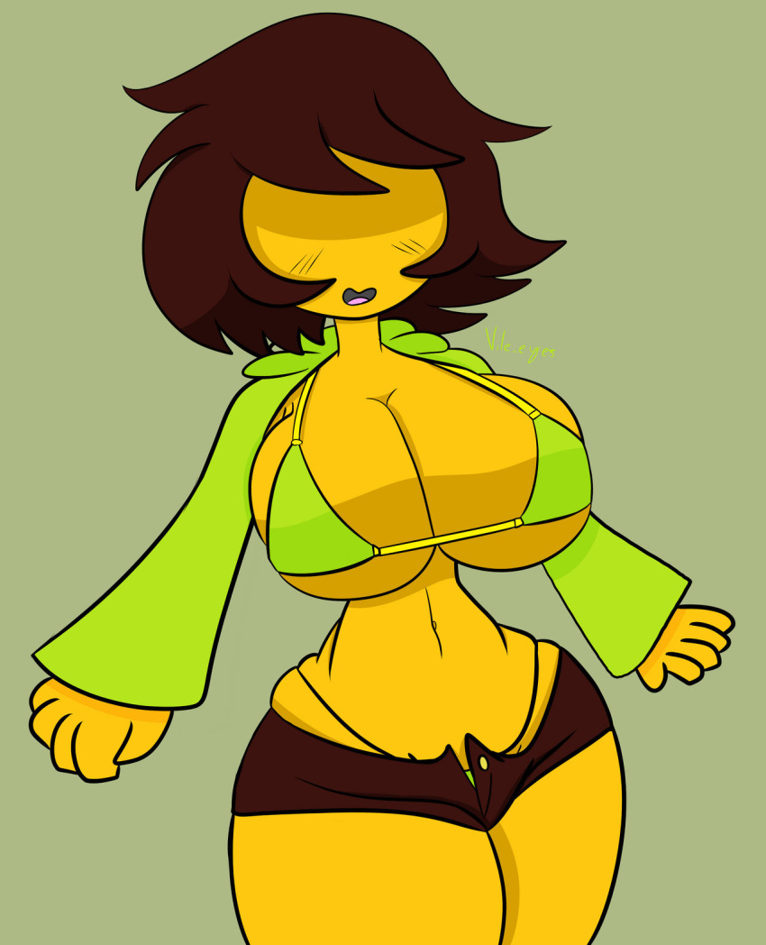 2022 big_ass big_breasts big_butt blush bra breasts brown_hair busty clothed clothing deltarune eyes_covered huge_ass huge_breasts kris_(deltarune) kris_female_(deltarune) large_ass large_breasts open_clothes open_mouth panties short_hair simple_background small_waist thick thick_ass thick_thighs vile_eyes yellow_body