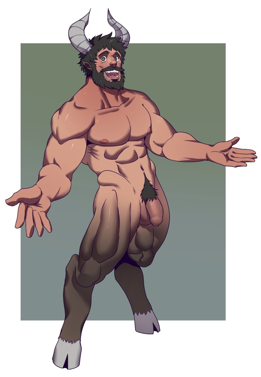 1boy abs absurd_res balls ballsack beard black_hair body_fur brown_fur facial_hair flaccid flaccid_penis foreskin genitals green_eyes guppo half-human happy hi_res hooves horns humanoid intact long_foreskin looking_at_viewer male male_nipples male_only male_pubic_hair muscles muscular_male mustache navel nude_male pecs penis pointy_ears pubes satyr scrotum smooth_penis smooth_skinned_male solo testicles uncut unretracted_foreskin