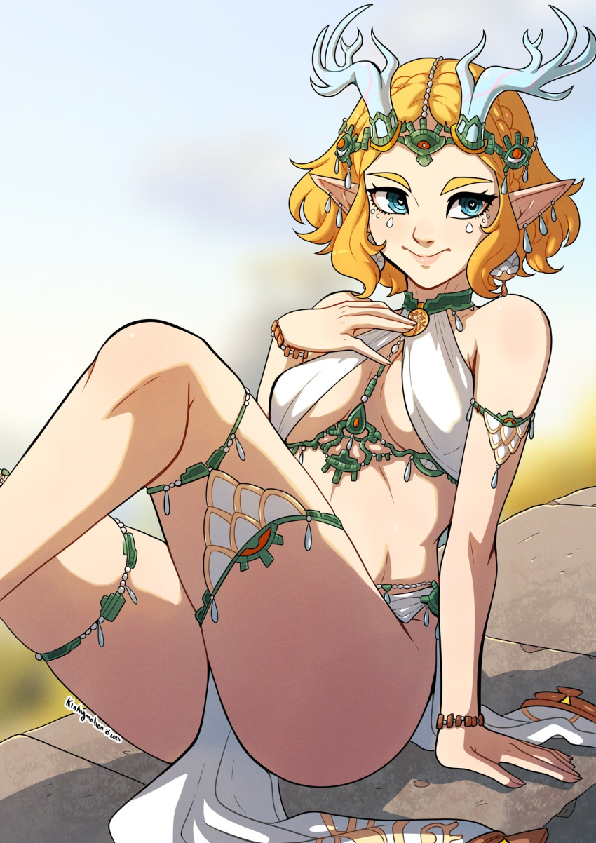 1girls alternate_costume arm_support armlet blonde_hair bracelet breasts cleavage earrings fake_horns female female_only hand_on_own_chest heart heart_in_eye highres horned_headwear horned_tiara horns jewelry kinkymation multiple_earrings pelvic_curtain pointy_ears princess_zelda short_hair sideboob sitting small_breasts solo symbol_in_eye teardrop_earring tears_of_the_kingdom the_legend_of_zelda thighlet tiara zelda_(tears_of_the_kingdom)