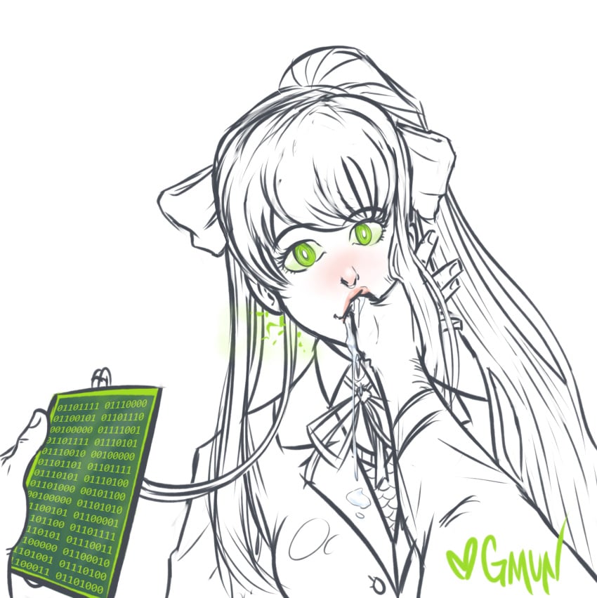 1female 1girls 5_fingers absurdres blush breasts doki_doki_literature_club drool femsub finger_in_mouth finger_sucking glowing glowing_eyes gmun green_eyes human long_hair looking_at_viewer monika_(doki_doki_literature_club) ponytail pov pov_dom ribbon school_uniform sketch tech_control