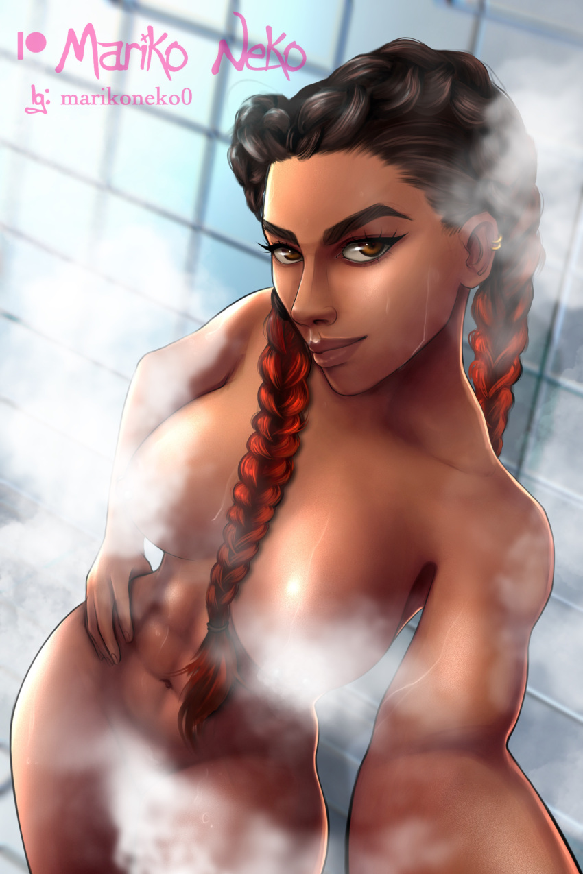 1girls 2d apex_legends braid braided_hair braided_twintails breasts dark-skinned_female dark_skin female female_only helix_piercing loba_(apex_legends) marikoneko marikoneko0 naked nude respawn_entertainment selfie steam steam_censor