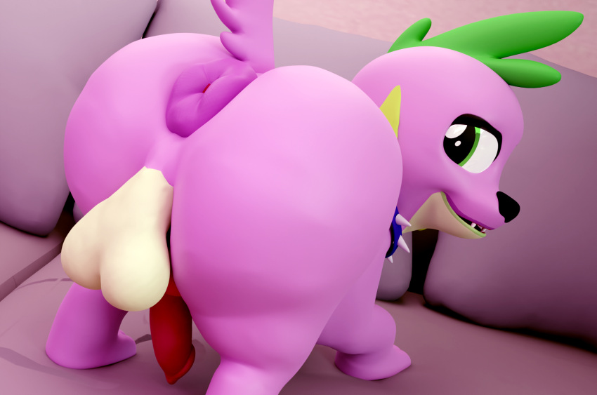 2023 3d_(artwork) adynamical animal_genitalia anus ass big_butt canid canine_genitalia canine_penis canis collar digital_media_(artwork) domestic_dog equestria_girls feral genitals hasbro hi_res looking_back male mammal my_little_pony purple_body solo spike_(eg)