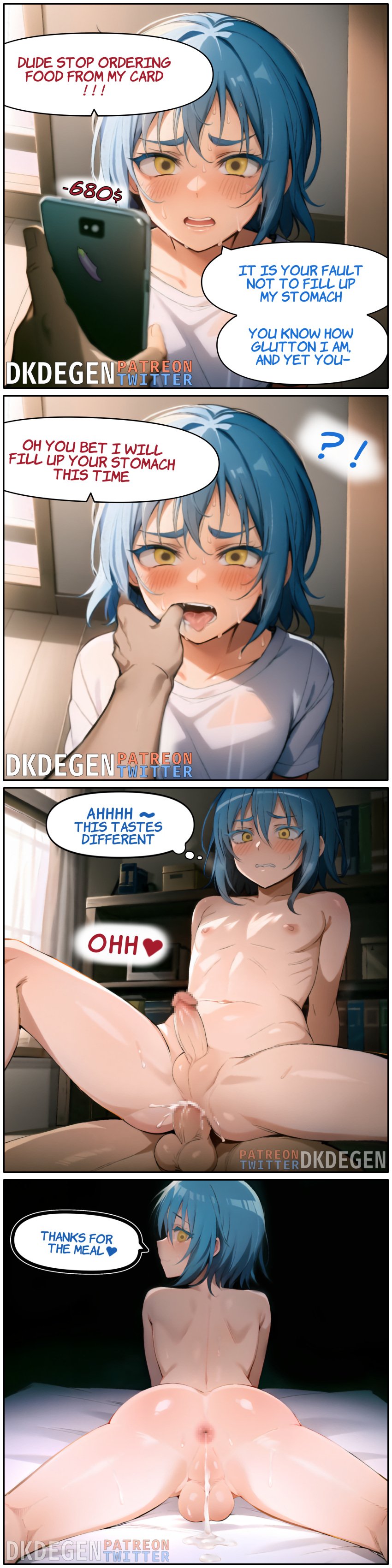 2boys after_anal after_sex ai_generated anal anus bad_english blue_hair cellphone comic commentary_request cum cum_drip cum_in_pussy cum_inside debt dkdegen doujinshi english_text femboy finger_in_mouth money multiple_penises otoko_no_ko patreon_username penis perineum phone pov reverse_cowgirl_position rimuru_tempest saliva sex solo_focus speech_bubble sweat sweaty testicles that_time_i_got_reincarnated_as_a_slime tongue tongue_out twink twitter_username yaoi yellow_eyes