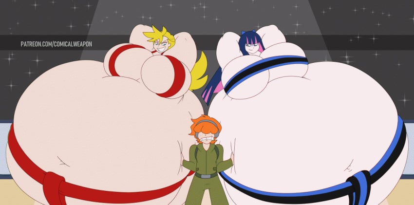 animated animation bbw big_belly big_breasts bigger_female briefers_rock comical_weapon crush crushing dominant_female fat huge_belly morbidly_obese panty_&_stocking_with_garterbelt panty_anarchy size_difference size_play smaller_male ssbbw stocking_anarchy sumo sumo_wrestler