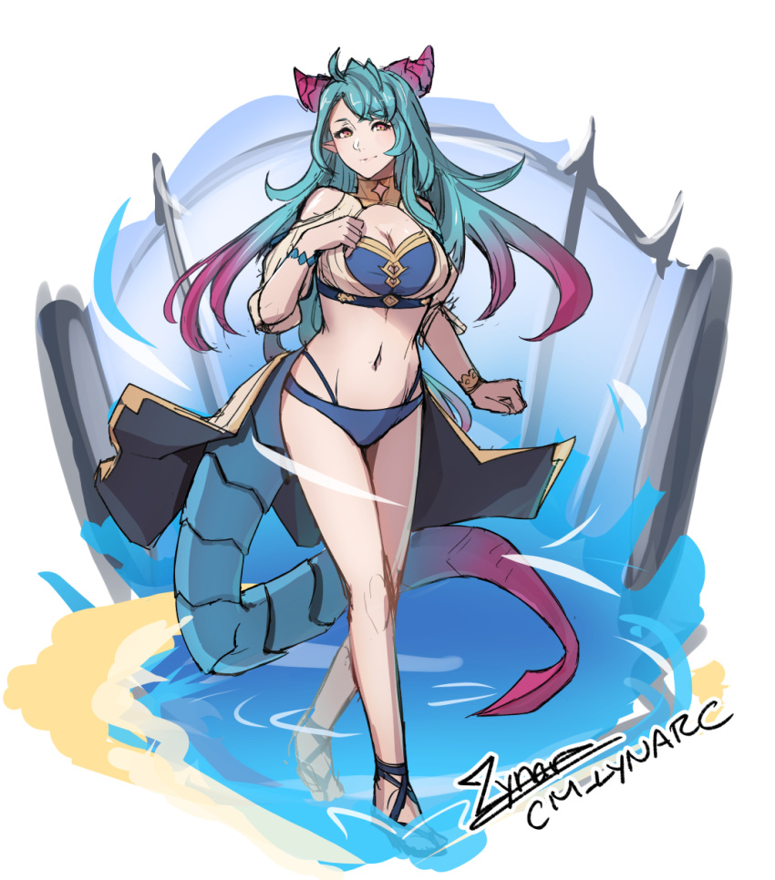 background blue_hair cm_lynarc cygames dragalia_lost dragon dragon_girl dragon_horns dragon_tail female female_only gradient_hair humanoid_mercury long_sleeves mercury_(dragalia_lost) milf navel nintendo pink_hair solo solo_female summer swimsuit thighs water watermark