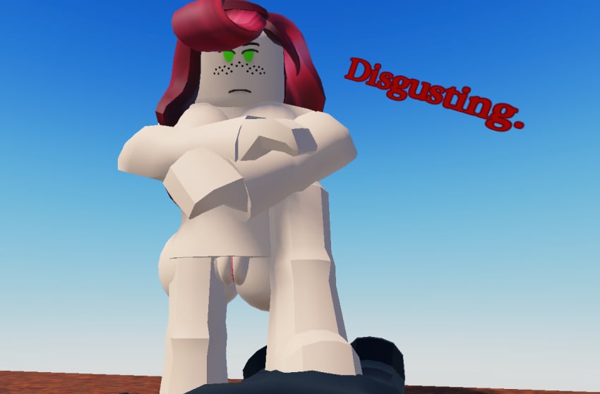 3d arcane_odyssey artist_request freckles green_eyes iris_(arcane_odyssey) red_hair roblox roblox_game robloxian source_request stepped_on tagme