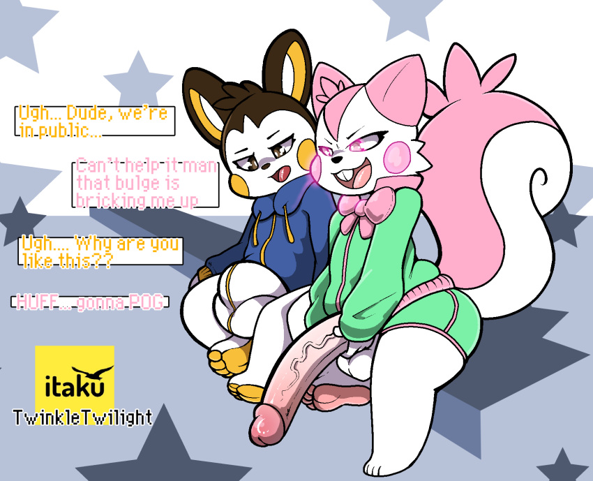 anthro balls big_bulge big_penis brown_body brown_fur bulge clothed clothing dialogue digital_media_(artwork) duo emolga english_text exhibitionism fur generation_4_pokemon generation_5_pokemon genitals hi_res huge_bulge humanoid_genitalia humanoid_penis itaku long_penis looking_at_genitalia looking_at_penis male male/male mammal nintendo open_mouth pachirisu penis pink_body pink_fur pokemon pokemon_(species) public public_indecency rodent sciurid shiny_pokemon simple_background sitting sweater tail text topwear twinkletwilight underwear white_balls white_body white_fur yellow_body yellow_fur