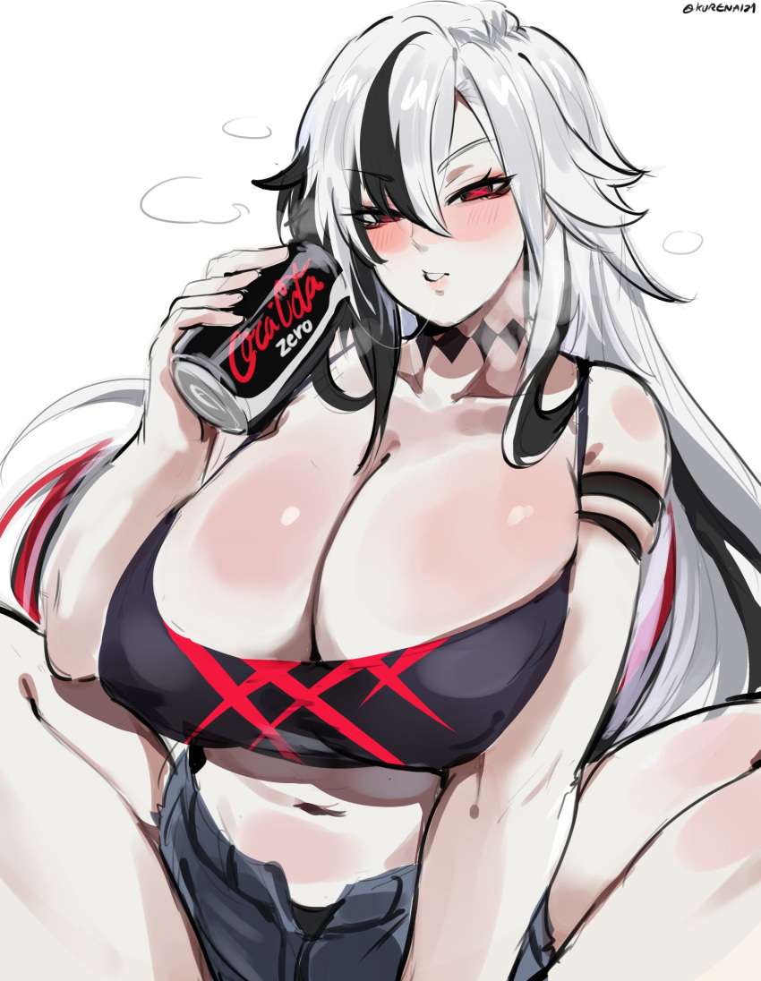 alternate_breast_size arlecchino_(genshin_impact) big_breasts black_nails coca-cola genshin_impact huge_breasts kurenaiz1 milf monster red_eyes solo spit_trail sweat white_hair