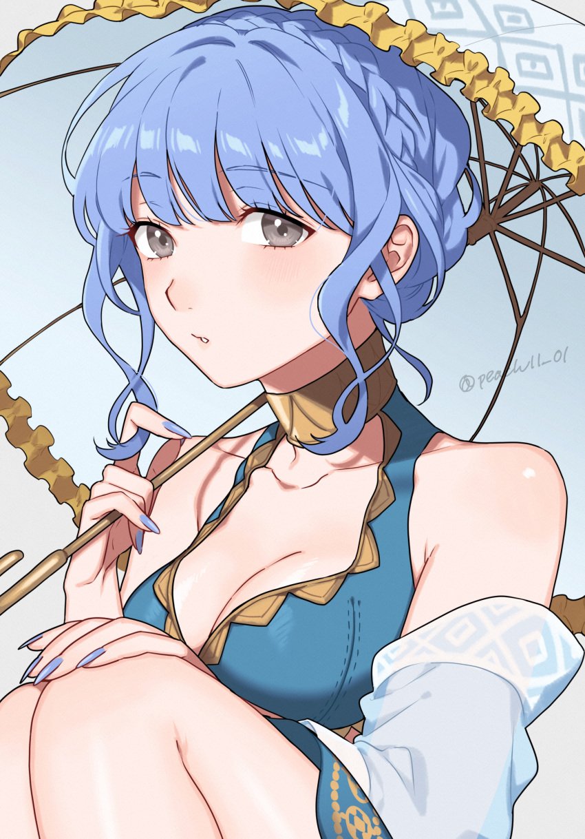 1girls alternate_costume bare_shoulders bikini blue_bikini blue_hair blue_nails blue_swimsuit braid breasts brown_eyes cleavage commentary_request crown_braid female female female_only fire_emblem fire_emblem:_three_houses fire_emblem_heroes grey_background grey_eyes highres knees_up looking_at_viewer marianne_von_edmund marianne_von_edmund_(summer) medium_breasts nail_polish nintendo official_alternate_costume peach11_01 short_hair simple_background solo swimsuit umbrella