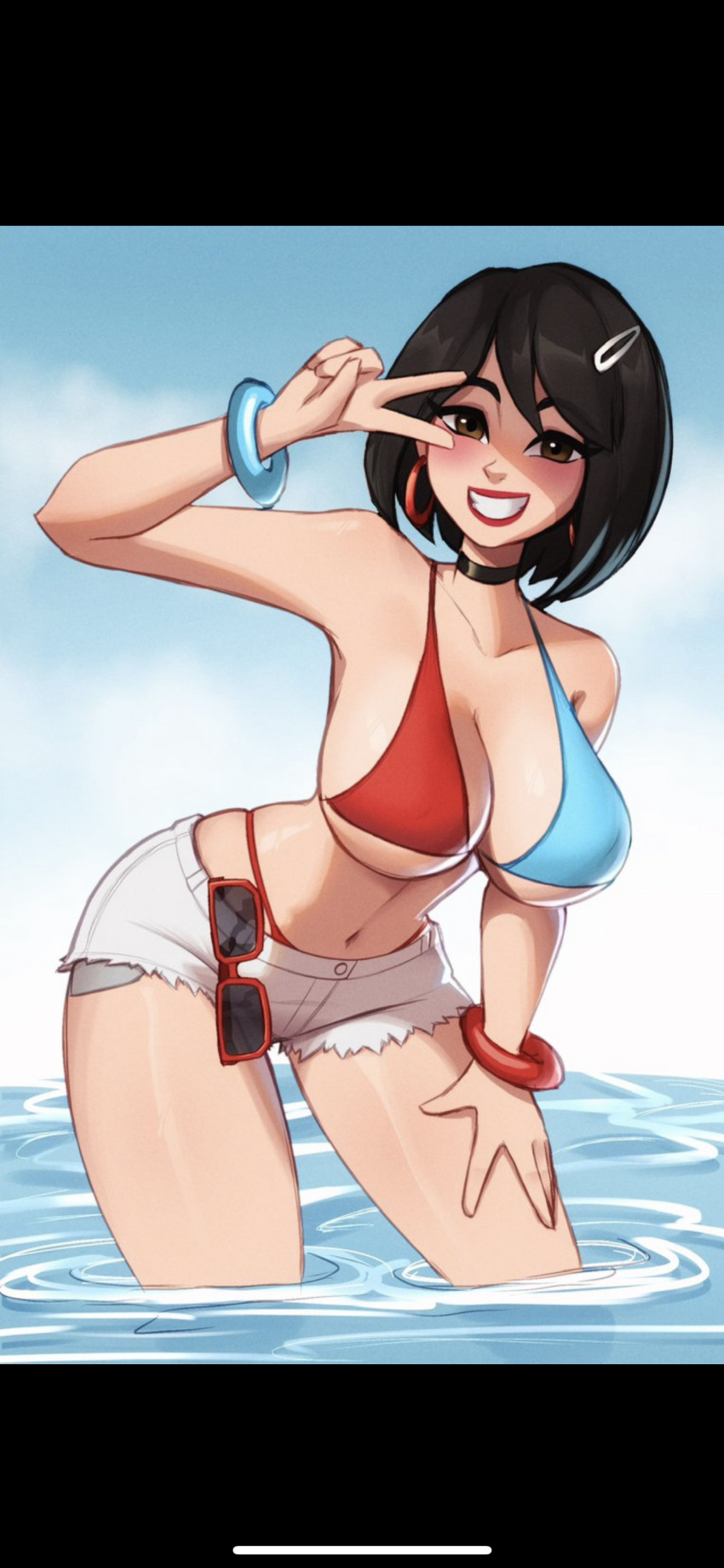 beach bikini bikini_top black_hair bracelet brown_eyes choker cleavage evie_(fortnite) fortnite fortnite:_battle_royale hair_clip magaska19 panties_visible red_lipstick shorts sunglasses thong_straps water