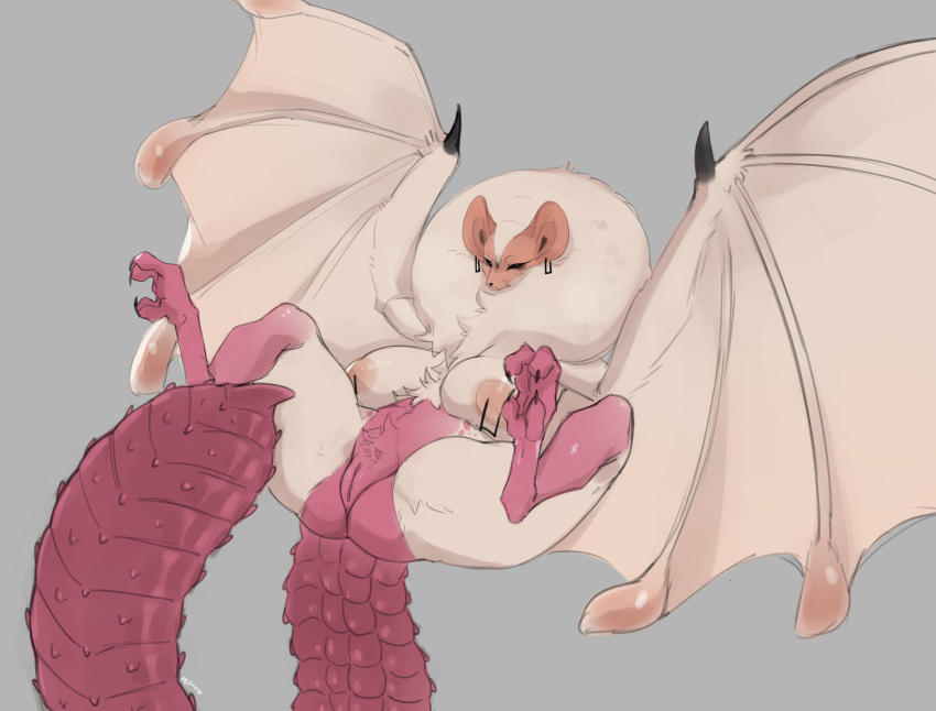 2023 absurd_res anthro ass big_breasts biped breasts capcom claws digital_media_(artwork) ear_piercing ear_ring female flying flying_wyvern fur genitals grey_background hi_res lvlirror membrane_(anatomy) membranous_wings monster_hunter neck_tuft nipple_piercing nipples paolumu piercing pink_body pussy ring_piercing simple_background solo spread_legs spreading toe_claws tuft white_body white_fur winged_arms wings