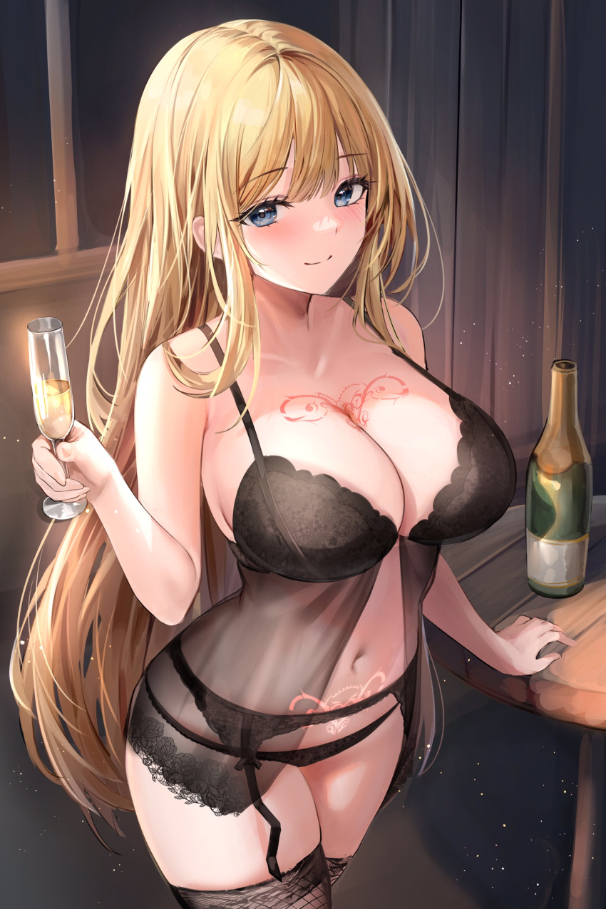 1girls absurdres alcohol babydoll bare_arms bare_shoulders black_babydoll black_panties blonde_hair blue_eyes breast_tattoo breasts brown_thighhighs champagne_bottle champagne_flute cleavage closed_mouth commentary_request commission cowboy_shot cup drinking_glass empire_waist female female_only front_slit garter_belt glowing_tattoo hand_on_table hand_up highres holding holding_cup indoors korean_commentary lace_trim large_breasts light_particles lillly lingerie long_hair looking_at_viewer navel original panties pubic_tattoo round_table second-party_source see-through see-through_babydoll smile solo spaghetti_strap split_mouth standing stomach string_panties table tattoo thighhighs thighs underwear underwear_only very_long_hair wooden_table