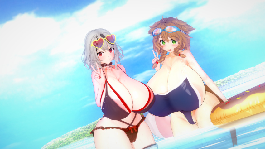 3d 3d_(artwork) artist_request bikini crossover gigantic_breasts goggles heart_glasses hololive huge_breasts koikatsu nijisanji outdoors sakamata_chloe source_request swimming_goggles swimsuit virtual_youtuber vtuber warabeda_meiji warabeda_meijii water wet