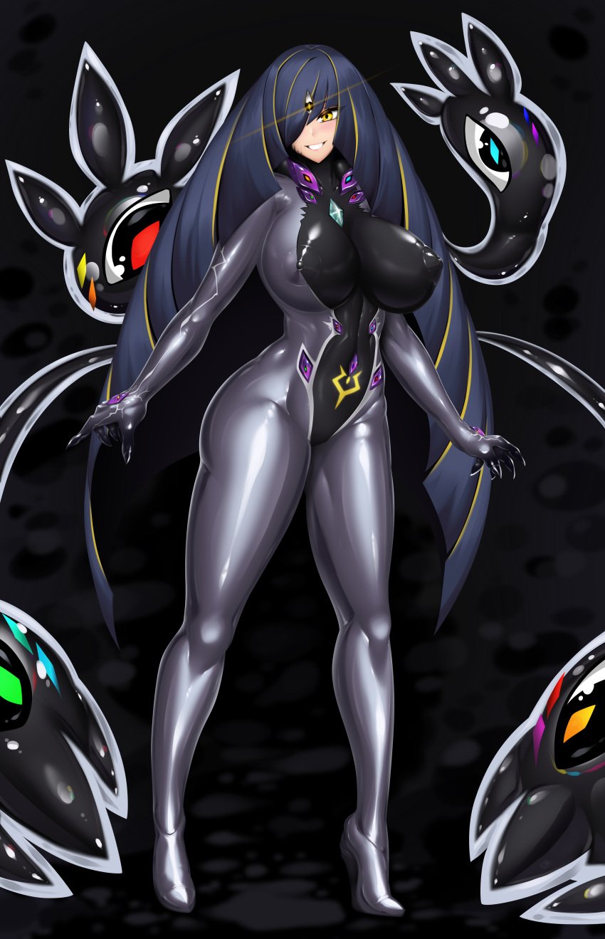 corruption dark_persona female hair_color_change huge_ass huge_breasts lusamine_(pokemon) multi_eye navel nihilego nipples pokemon rikatsuky thick_thighs wide_hips