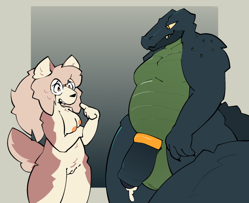 aliasing anthro balls belly_scales breasts briggs_(catjam) canid canine catjam_(artist) crocodilian duo eyewear fangs female genitals glasses hi_res karina_(catjam) male mammal nipples overweight overweight_male penis pussy reptile scales scalie teeth