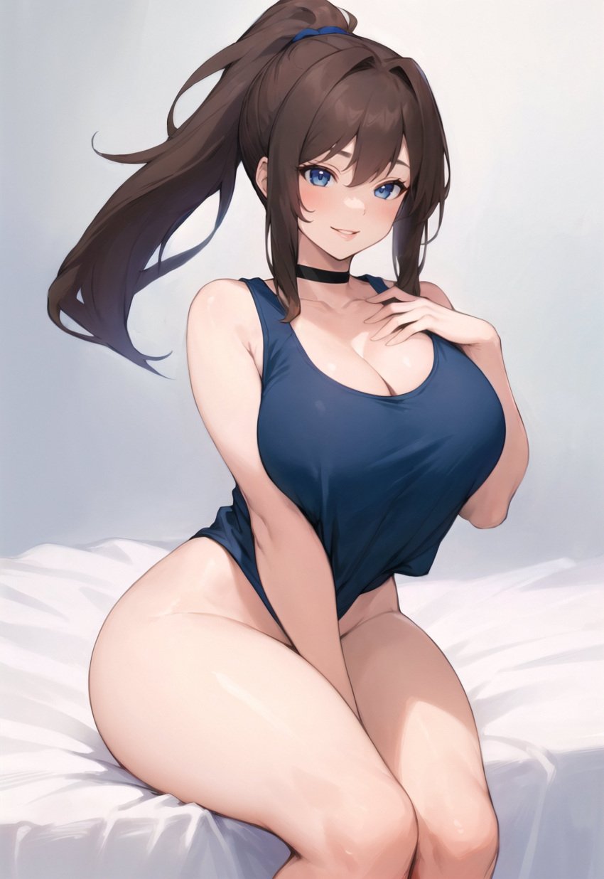 1girls ai_generated blue_eyes breasts brown_hair cleavage female hips huge_breasts light-skinned_female light_skin long_hair naughty_face one-piece_swimsuit original original_character smile stable_diffusion stuffyai swimsuit thick_thighs thighs wide_hips