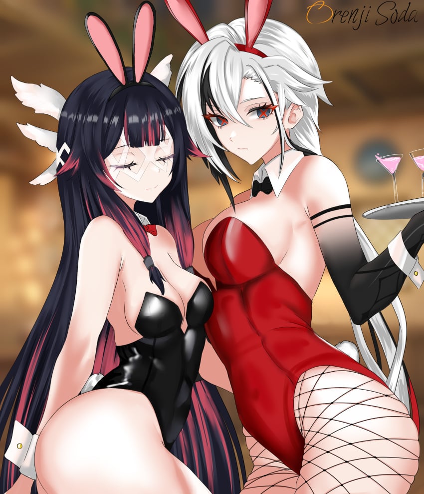 2girls arlecchino_(genshin_impact) artist_name bare_shoulders big_breasts black_hair black_skin bunny_ears bunny_girl bunnysuit cleavage closed_eyes columbina_(genshin_impact) female_only genshin_impact large_breasts leotard long_hair low_ponytail medium_breasts multicolored_hair orenjisoda sideboob signature streaked_hair thighs two_tone_skin white_hair x-shaped_pupils x_eyes