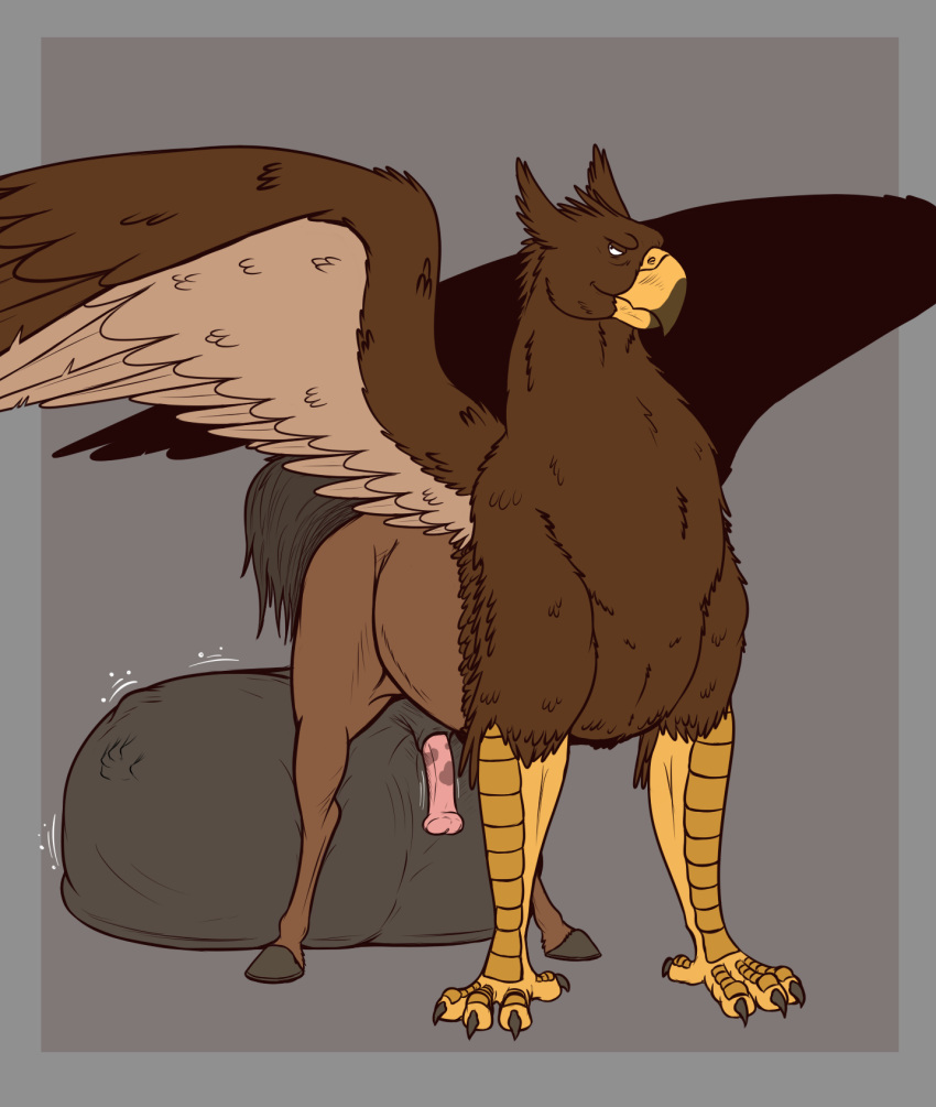 after_vore animal_genitalia animal_penis avian ball_bulge balls beak big_balls brown_body brown_fur cock_vore equine_genitalia equine_penis european_mythology feral fur genitals greek_mythology hi_res hippogriff huge_balls hyper hyper_balls hyper_genitalia male mythological_avian mythology penile penis quadruped simple_background smug spread_wings thatgryphonguy vore wings