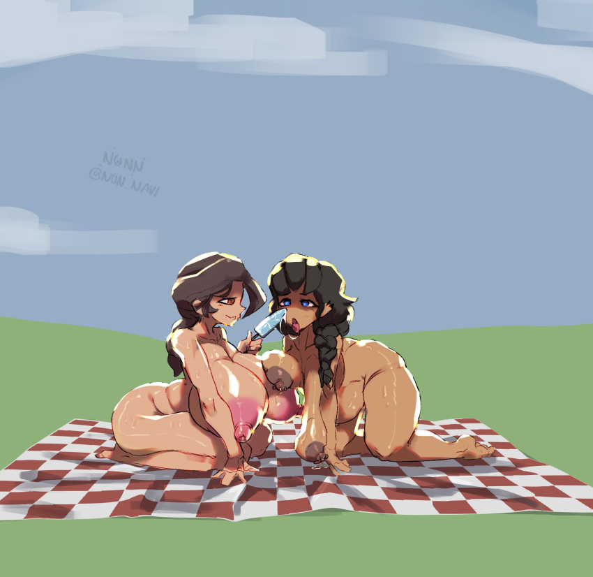 2girls alternate_version_at_source areolae big_breasts blue_eyes braided_hair breast_on_breasts brown_eyes brown_hair chubby huge_breasts kneeling massive_breasts multiple_girls naked nipple_piercing non_navi nude piercing popsicle sagging_breasts sharing sweat sweating tagme