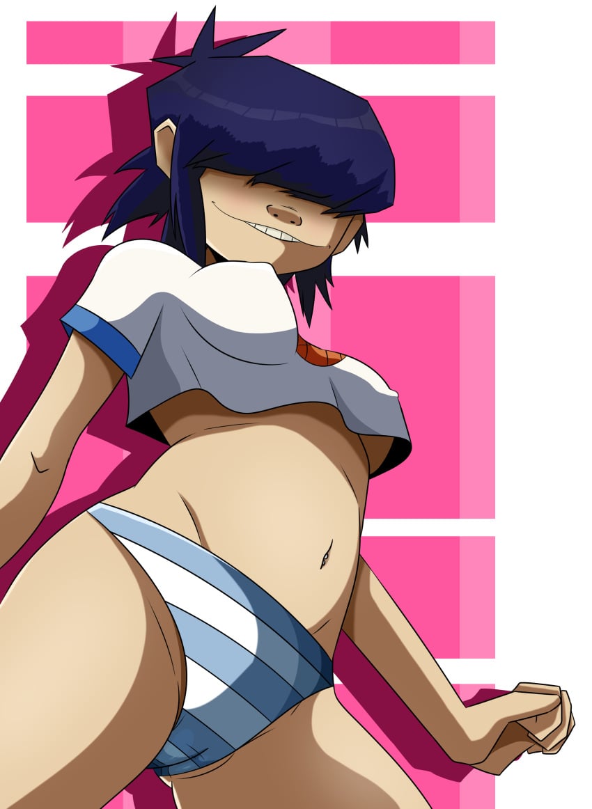 asian asian_female bangs blinding_bangs breasts camel_toe cameltoe crop_top gorillaz hair_over_eyes hidden_eyes light-skinned_female light_skin medium_breasts nipple_bulge noodle_(dare) noodle_(gorillaz) panties pantless perky_breasts shimapan smile smiling smiling_at_viewer smirk smug smug_grin sonson-sensei striped_panties tomboy underboob underwear