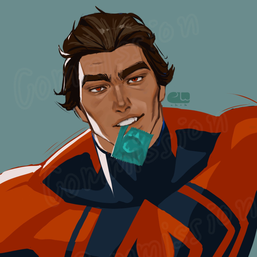 1boy blank_background color colored commission commission_art condom condom_in_mouth condom_wrapper dark-skinned_male dark_brown_hair dark_skin fuuuuuchih human male male_only marvel mexican mexican_irish mexican_male miguel_o'hara muscular_male older_male open_condom_wrapper red_eyes solo spider-man:_across_the_spider-verse spider-man_(series) spider-man_2099 tan-skinned_male tan_body tan_skin tanned unmasked