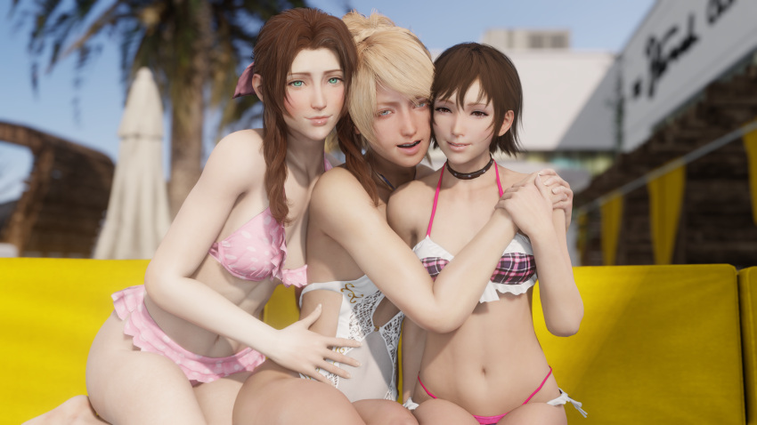 3d 3girls 4k aerith_gainsborough bikini blonde_hair blue_eyes brown_eyes brown_hair crossover female female_only final_fantasy final_fantasy_vii final_fantasy_vii_remake final_fantasy_xv green_eyes iris_amicitia lazyprocrastinator looking_at_viewer lunafreya_nox_fleuret pale-skinned_female smile square_enix swimsuit teenage_girl teenager