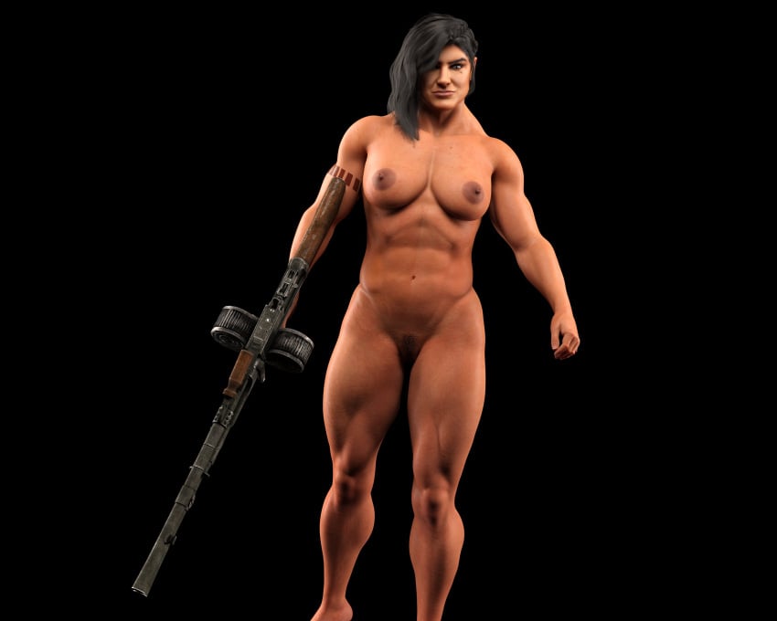 1girls 3d amazon black_hair blaster breasts cara_dune completely_nude completely_nude_female drinkerofskies female female_only gina_carano gun hi_res holding_weapon human human_only light-skinned_female light_skin looking_at_viewer muscular muscular_female nude nude_female standing star_wars tattoo the_mandalorian weapon